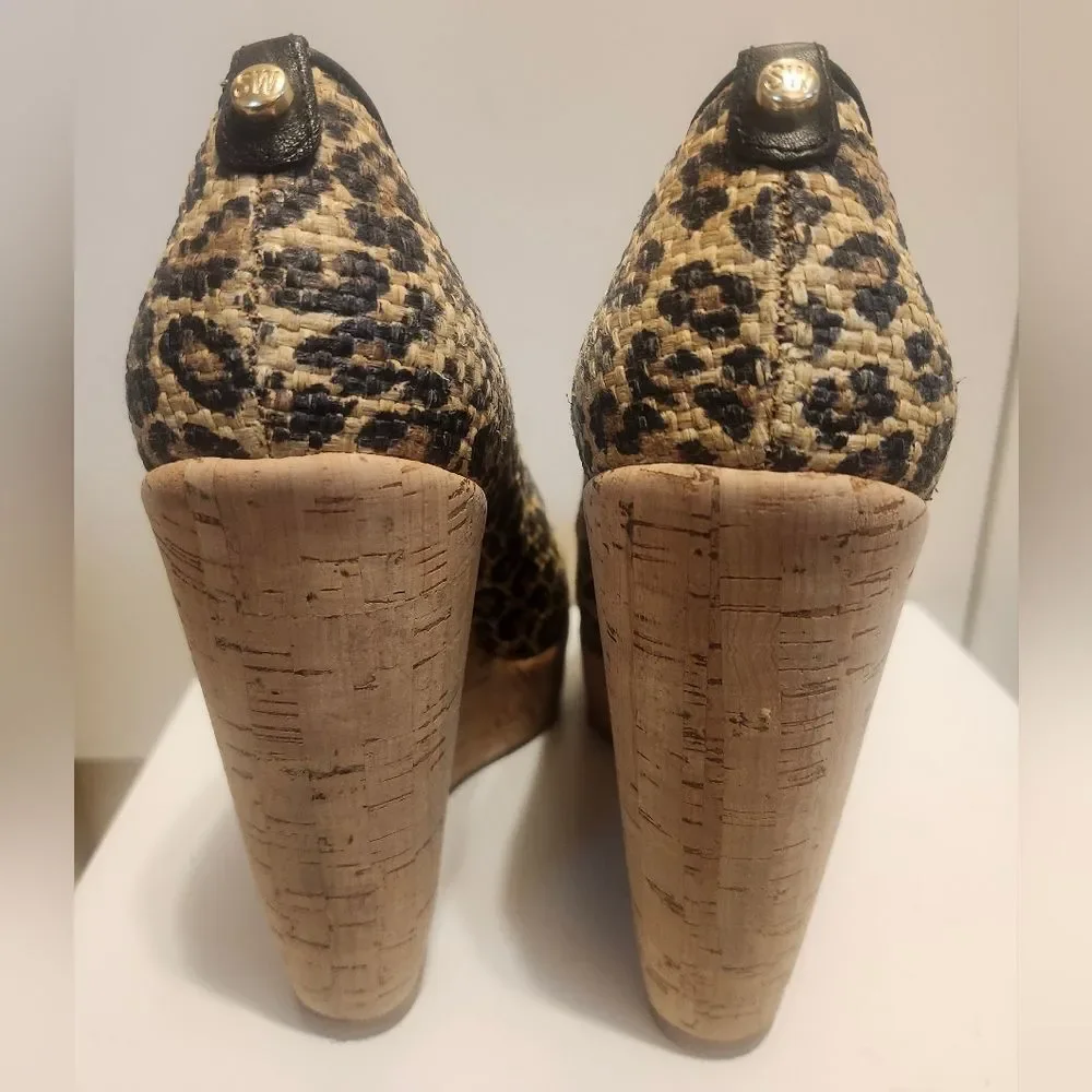 Stuart Weitzman Blk/TanLeopard Print Raffia Platform Wedge Pumps Sz.10 $395 EUC - Picture 7 of 8